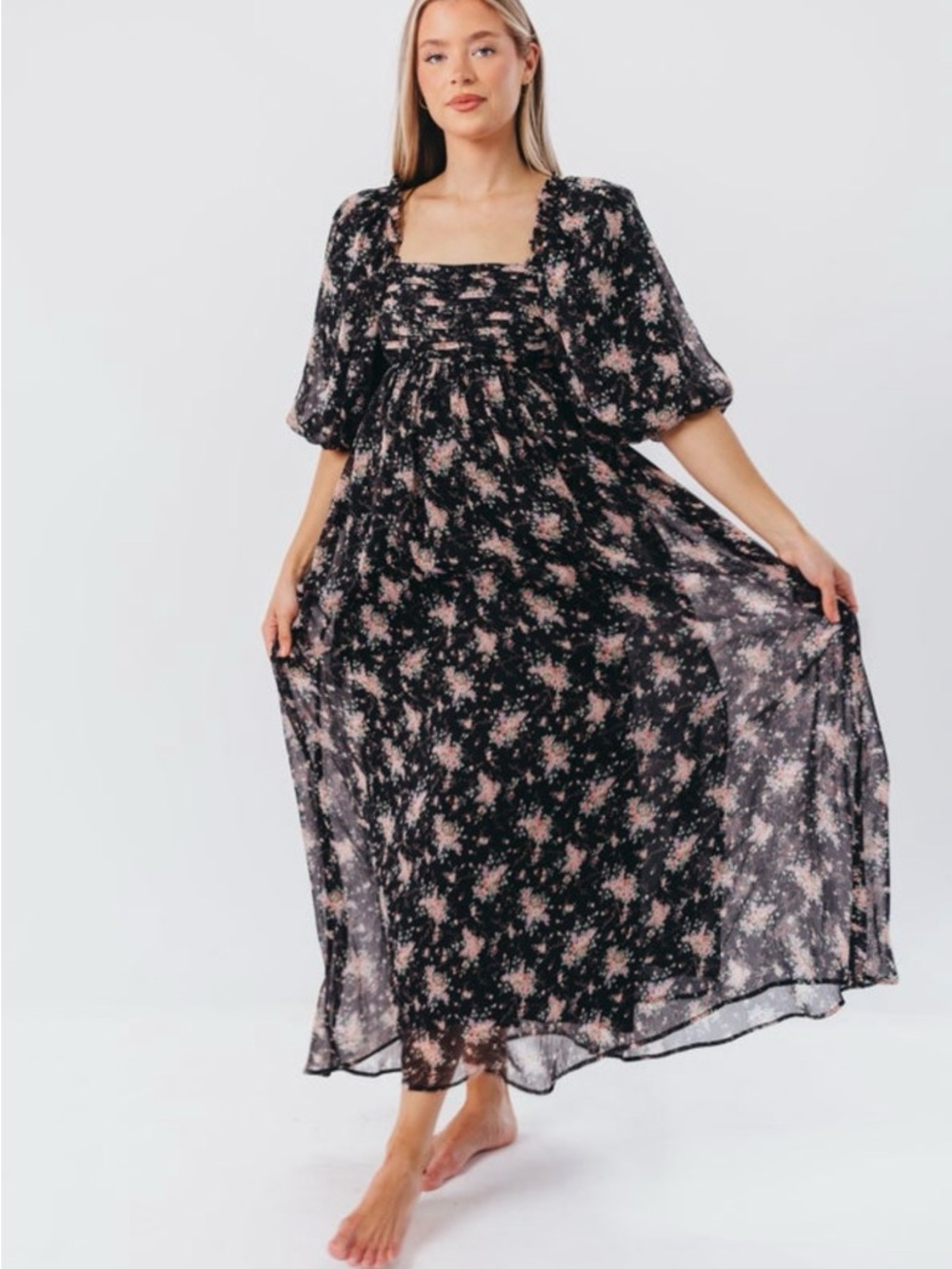 Melody Maxi from Worth CollectiveSquare-Neck Floral Maxi Dress in Black and Pink